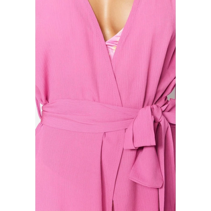 Moda Dokuma Rahat Kalıp Uzun V Yaka Standart Kol Crinkle Basic Düz Desen Kimono Kaftan
