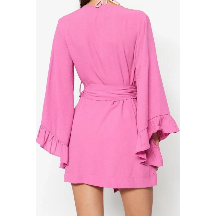 Moda Dokuma Rahat Kalıp Uzun V Yaka Standart Kol Crinkle Basic Düz Desen Kimono Kaftan
