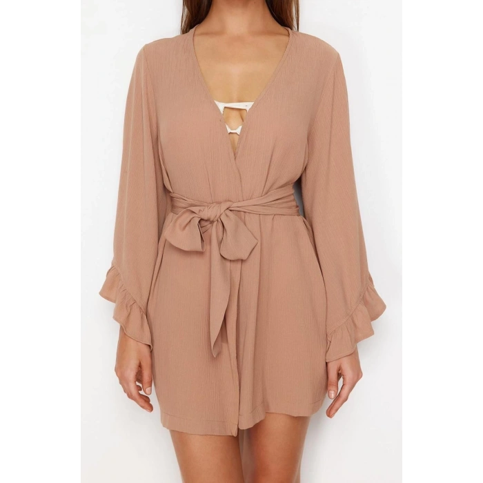 Moda Dokuma Rahat Kalıp Uzun V Yaka Standart Kol Crinkle Basic Düz Desen Kimono Kaftan