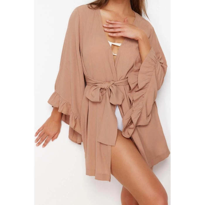 Moda Dokuma Rahat Kalıp Uzun V Yaka Standart Kol Crinkle Basic Düz Desen Kimono Kaftan