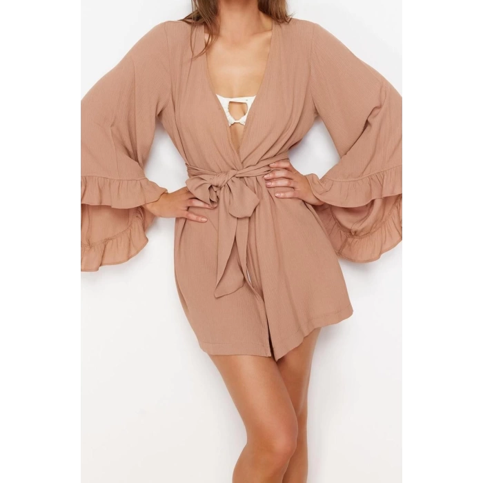 Moda Dokuma Rahat Kalıp Uzun V Yaka Standart Kol Crinkle Basic Düz Desen Kimono Kaftan