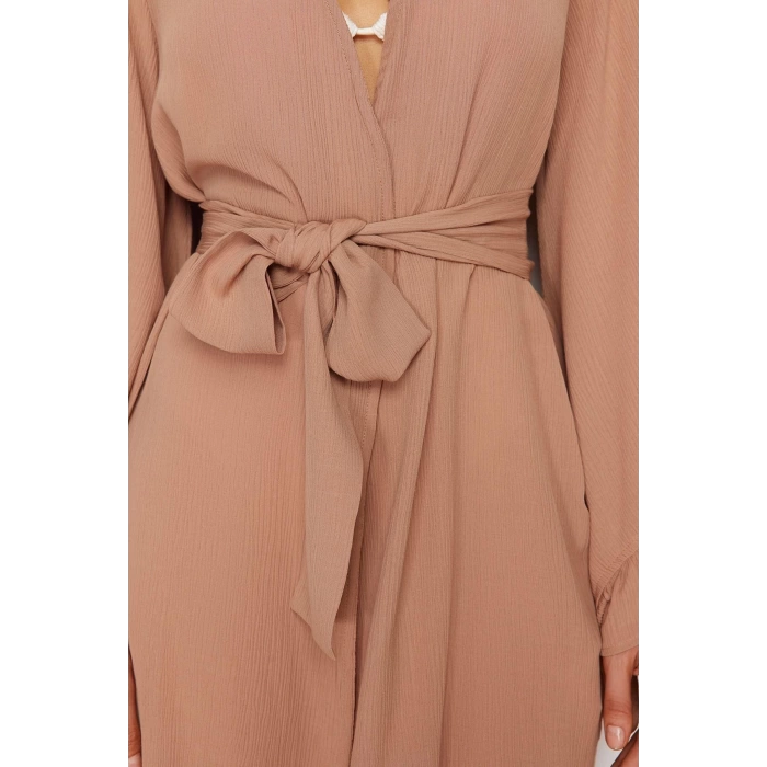Moda Dokuma Rahat Kalıp Uzun V Yaka Standart Kol Crinkle Basic Düz Desen Kimono Kaftan