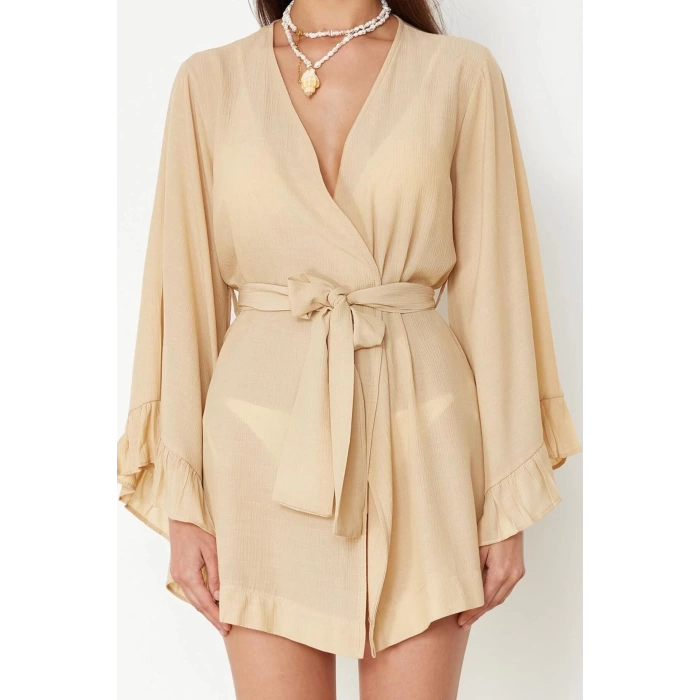 Moda Dokuma Rahat Kalıp Uzun V Yaka Standart Kol Crinkle Basic Düz Desen Kimono Kaftan