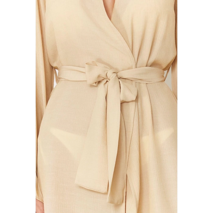 Moda Dokuma Rahat Kalıp Uzun V Yaka Standart Kol Crinkle Basic Düz Desen Kimono Kaftan