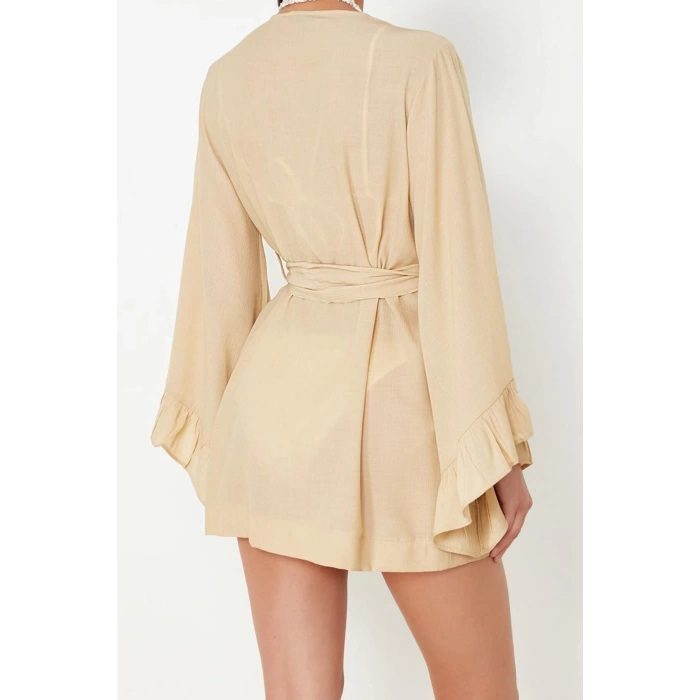 Moda Dokuma Rahat Kalıp Uzun V Yaka Standart Kol Crinkle Basic Düz Desen Kimono Kaftan