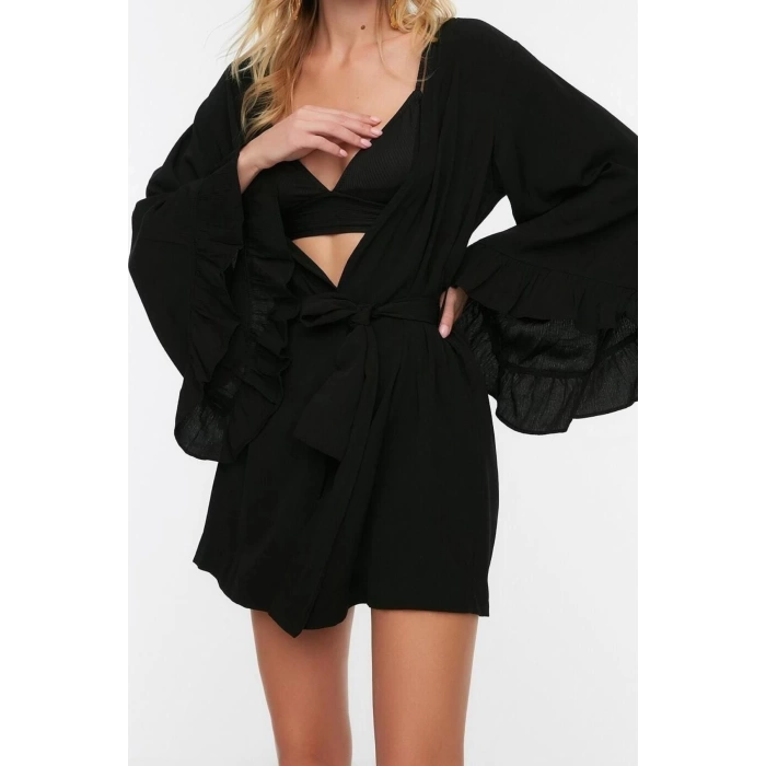 Moda Dokuma Rahat Kalıp Uzun V Yaka Standart Kol Crinkle Basic Düz Desen Kimono Kaftan