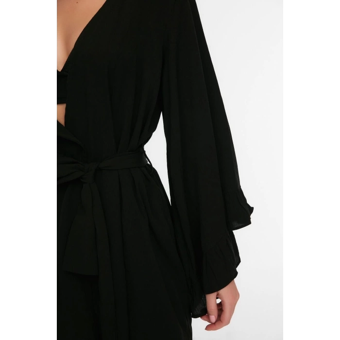 Moda Dokuma Rahat Kalıp Uzun V Yaka Standart Kol Crinkle Basic Düz Desen Kimono Kaftan