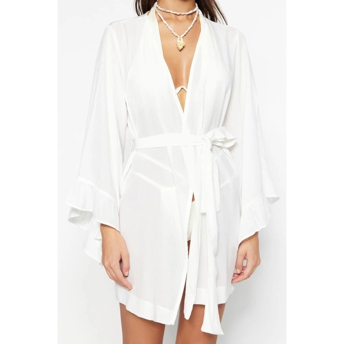 Moda Dokuma Rahat Kalıp Uzun V Yaka Standart Kol Crinkle Basic Düz Desen Kimono Kaftan