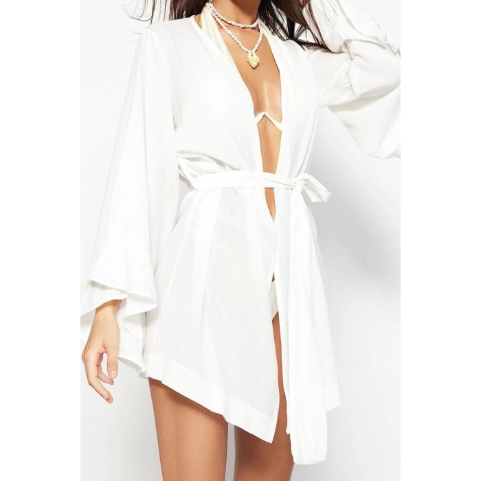 Moda Dokuma Rahat Kalıp Uzun V Yaka Standart Kol Crinkle Basic Düz Desen Kimono Kaftan