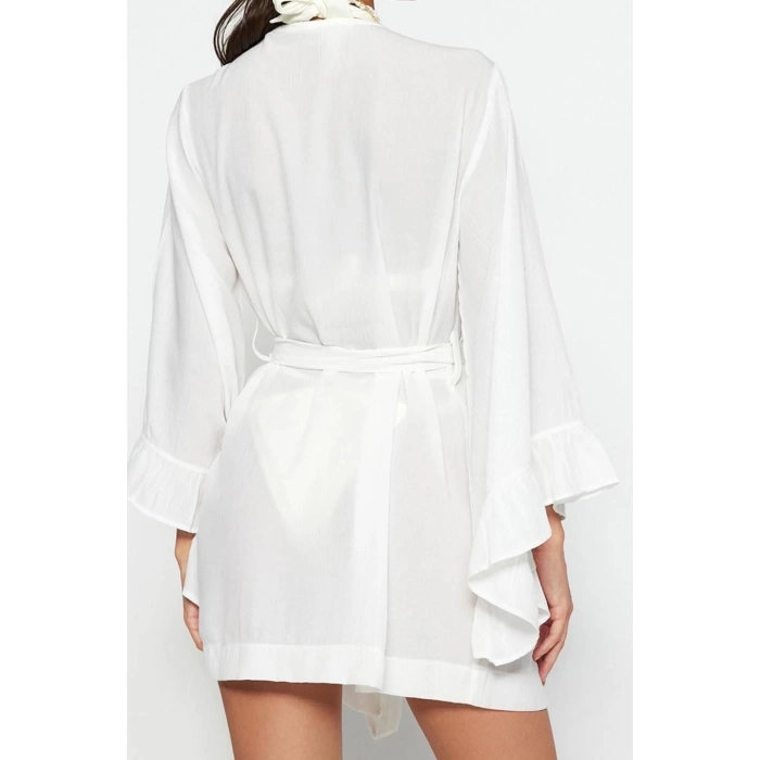Moda Dokuma Rahat Kalıp Uzun V Yaka Standart Kol Crinkle Basic Düz Desen Kimono Kaftan