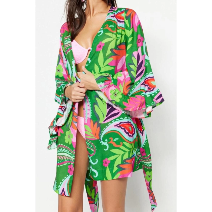 Moda Dokuma Rahat Kalıp Uzun V Yaka Standart Kol Crinkle Basic Düz Desen Kimono Kaftan