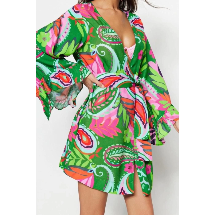 Moda Dokuma Rahat Kalıp Uzun V Yaka Standart Kol Crinkle Basic Düz Desen Kimono Kaftan
