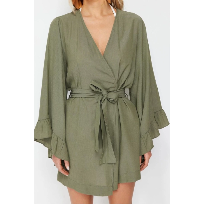 Moda Dokuma Rahat Kalıp Uzun V Yaka Standart Kol Crinkle Basic Düz Desen Kimono Kaftan