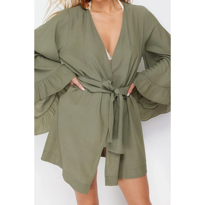 Moda Dokuma Rahat Kalıp Uzun V Yaka Standart Kol Crinkle Basic Düz Desen Kimono Kaftan