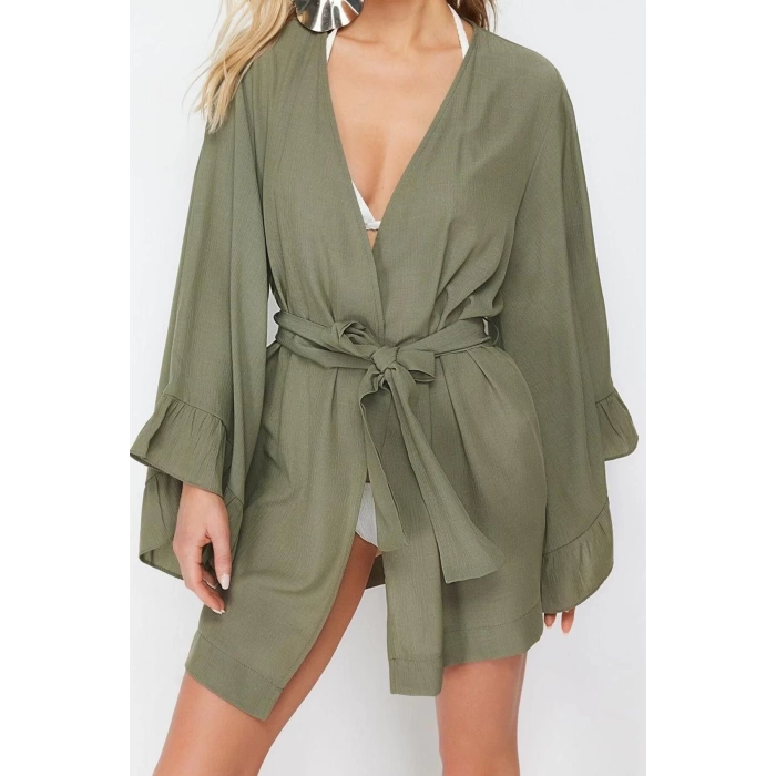 Moda Dokuma Rahat Kalıp Uzun V Yaka Standart Kol Crinkle Basic Düz Desen Kimono Kaftan