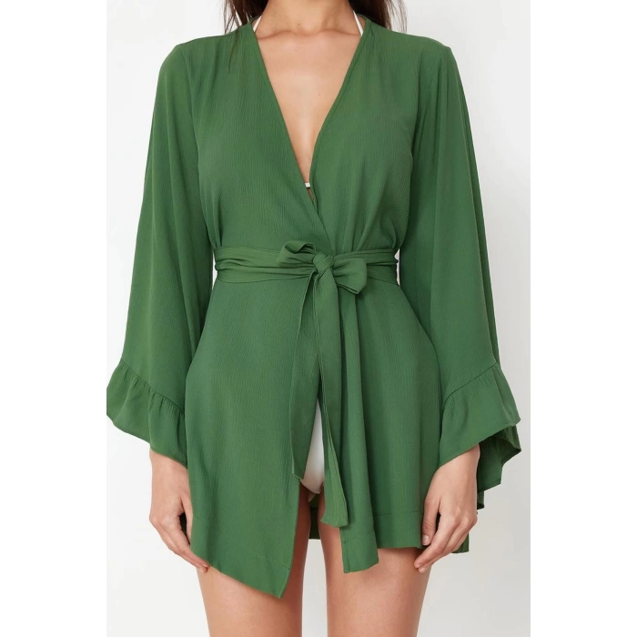 Moda Dokuma Rahat Kalıp Uzun V Yaka Standart Kol Crinkle Basic Düz Desen Kimono Kaftan
