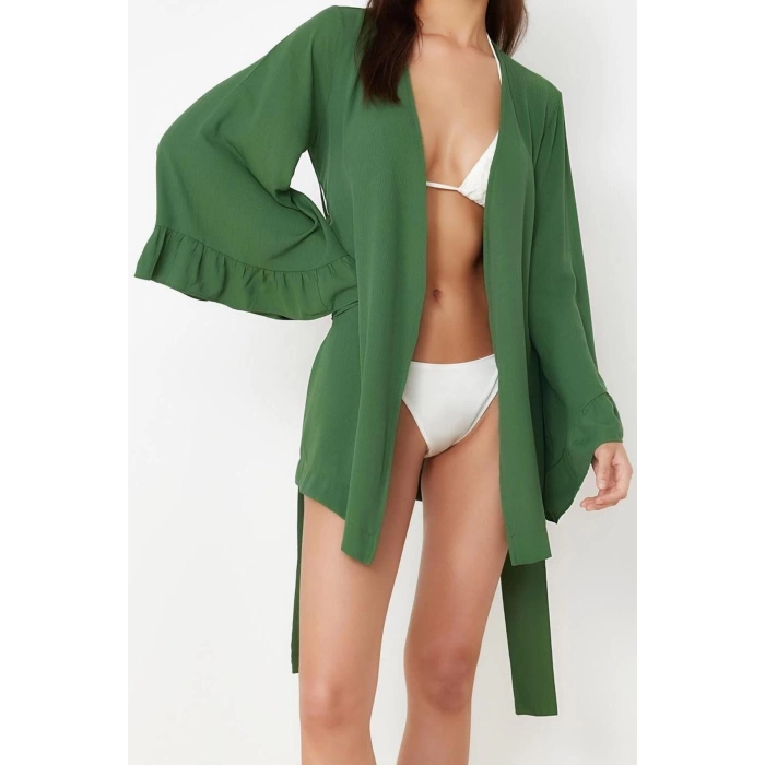 Moda Dokuma Rahat Kalıp Uzun V Yaka Standart Kol Crinkle Basic Düz Desen Kimono Kaftan
