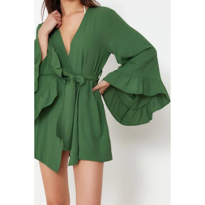 Moda Dokuma Rahat Kalıp Uzun V Yaka Standart Kol Crinkle Basic Düz Desen Kimono Kaftan