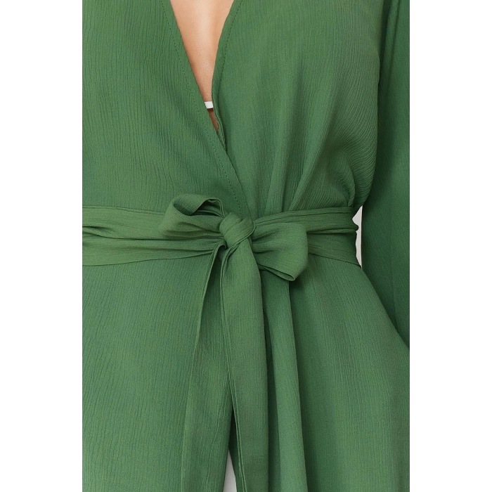 Moda Dokuma Rahat Kalıp Uzun V Yaka Standart Kol Crinkle Basic Düz Desen Kimono Kaftan