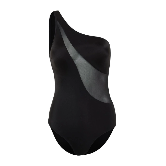 Women Fashion Throw Cap Strap Brief Collar Black One Shoulder Mesh Detail Regular Swimsuit