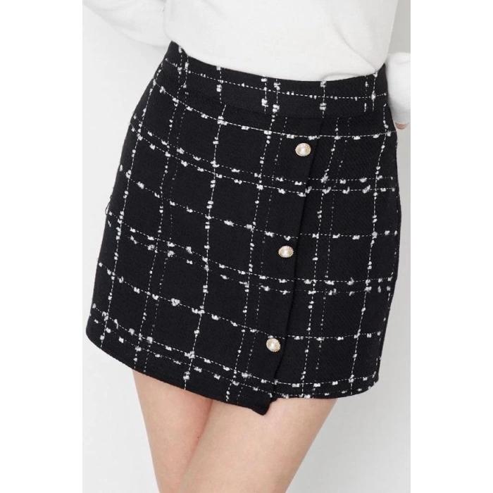 Fashion Regular Plaid Pattern Casual Mini Length Button Detailed A-line Tweed Fabric Mini Length Woven Skirt