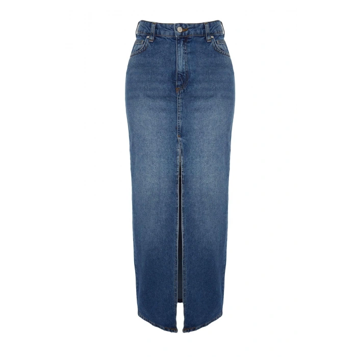 Fashion Regular Plain Pattern Casual Maxi Length Slit Maxi Denim Skirt