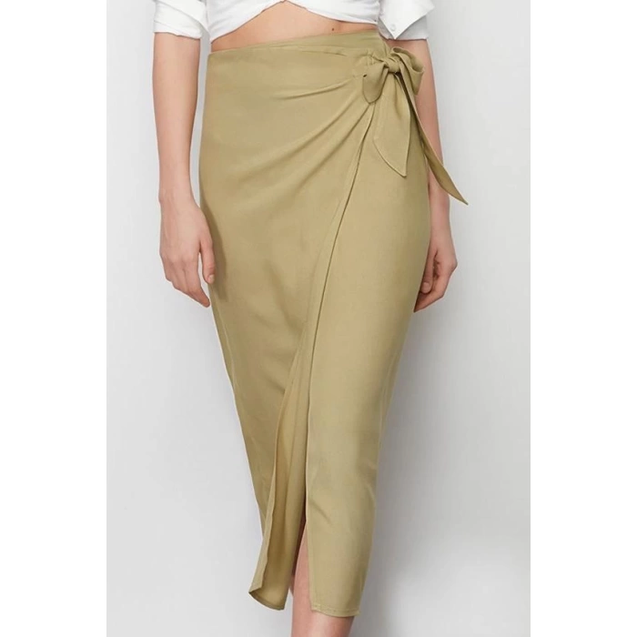 Fashion Regular Plain Pattern Daily Maxi Length Tied Viscose Woven Skirt