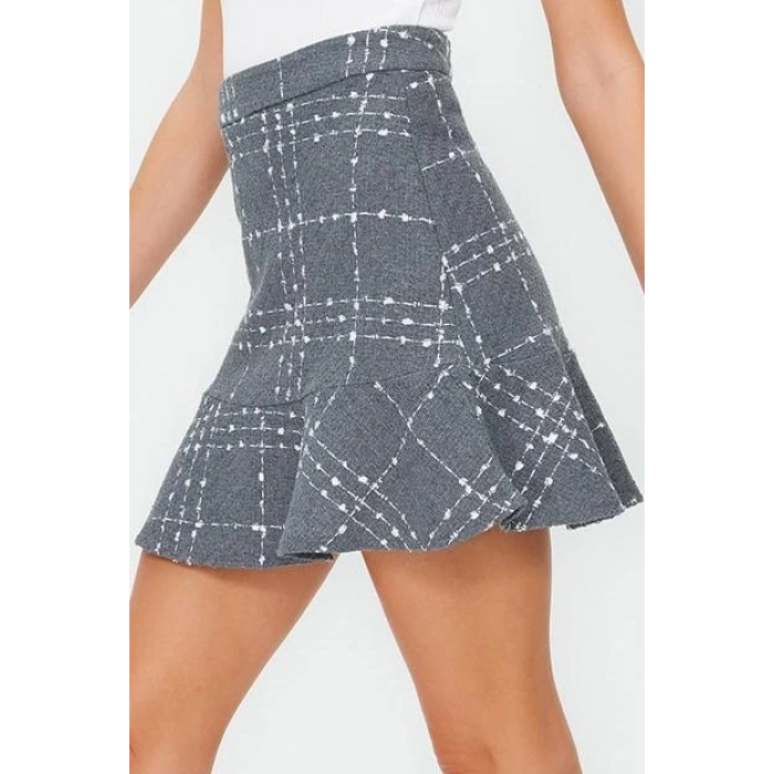 Fashion A-line Plaid Pattern Casual Mini Length Hem Flounce Tweed Fabric Mini Woven Skirt