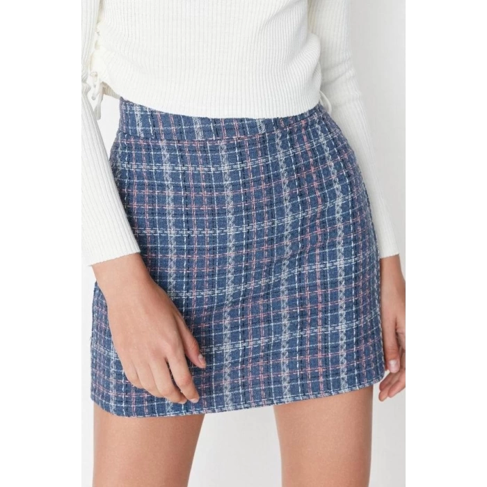 Fashion Plaid Pattern Formal Mini Length Plaid Patterned Tweed Fabric Mini Woven Skirt