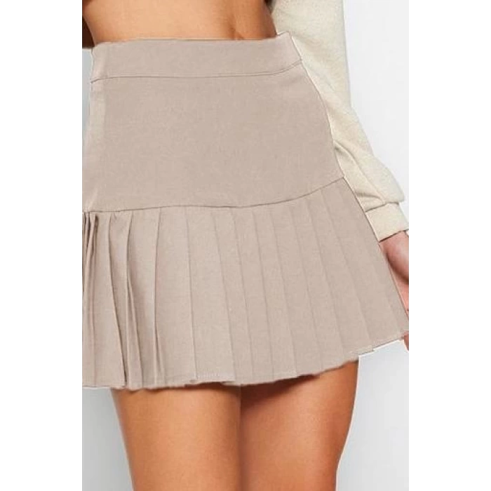 Fashion Pleated Plain Pattern Daily Mini Length Pleated Detailed Mini Length Woven Skirt