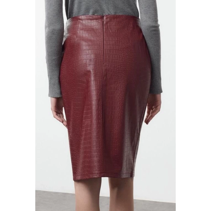 Fashion Pencil Plain Pattern Stylish Night Midi Length Faux Snakeskin Slit Detailed Midi Woven Skirt