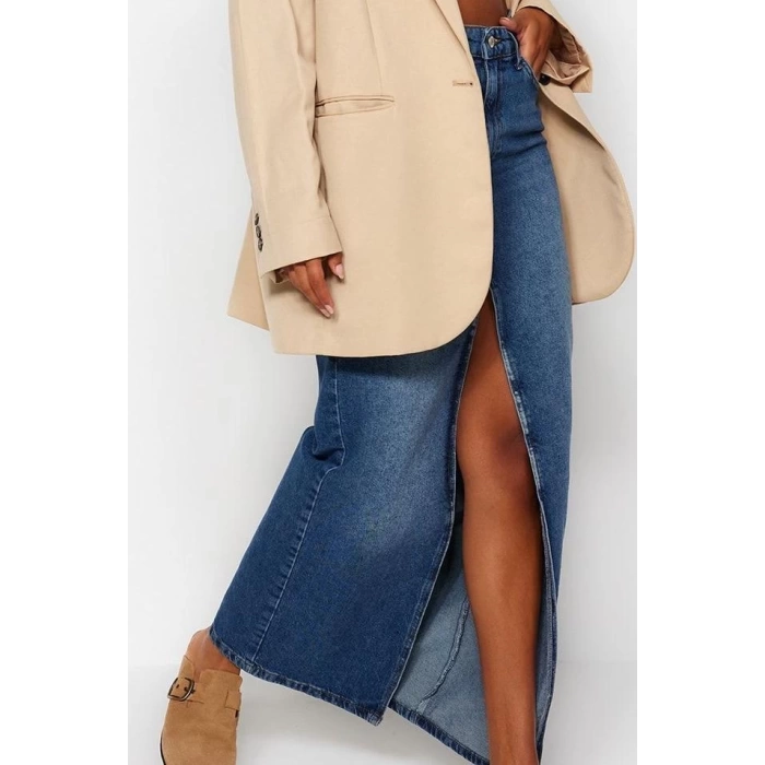 Fashion Regular Plain Pattern Casual Maxi Length Slit Maxi Denim Skirt