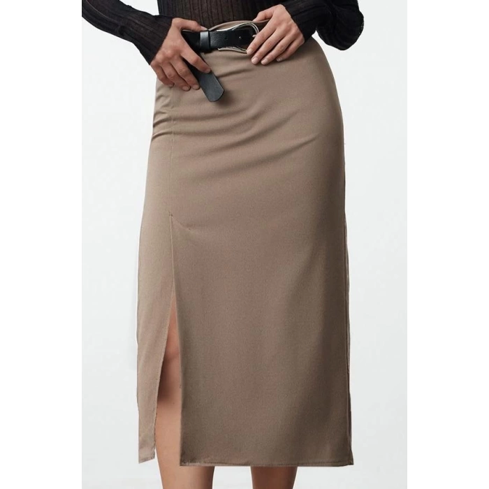Fashion Regular Plain Pattern Formal Midi Length Slit Detailed Ederli Fabric Midi Length Skirt