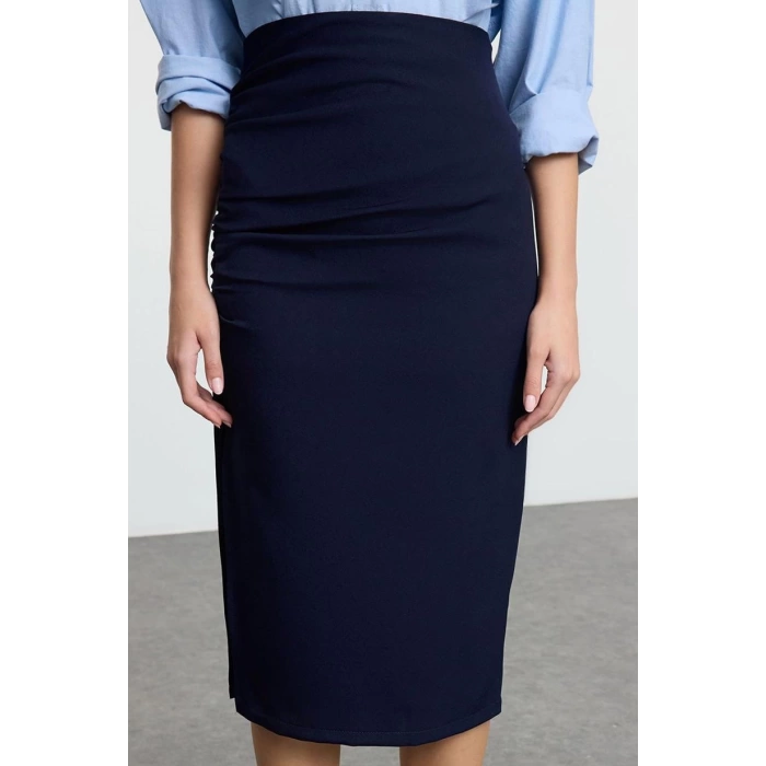 Fashion Pencil Plain Pattern Stylish Night Midi Length Gathered Slit Detailed Pencil Fit Midi Woven Skirt