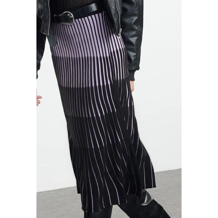Fashion Regular Color Block Pattern Casual Midi Length Color Block Knit Skirt