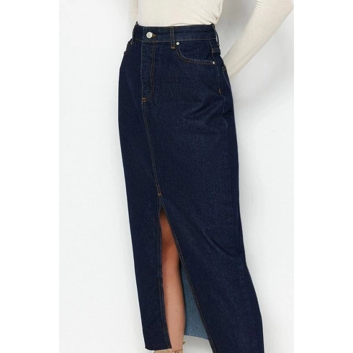 Fashion Denim Plain Pattern Casual Maxi Length Slit Maxi Denim Skirt