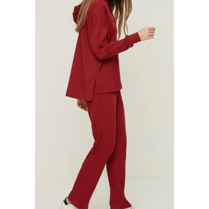 Tarz Rahat Uzun Kollu Boru Paça Fitilli Pamuklu Örme Pijama Takımı