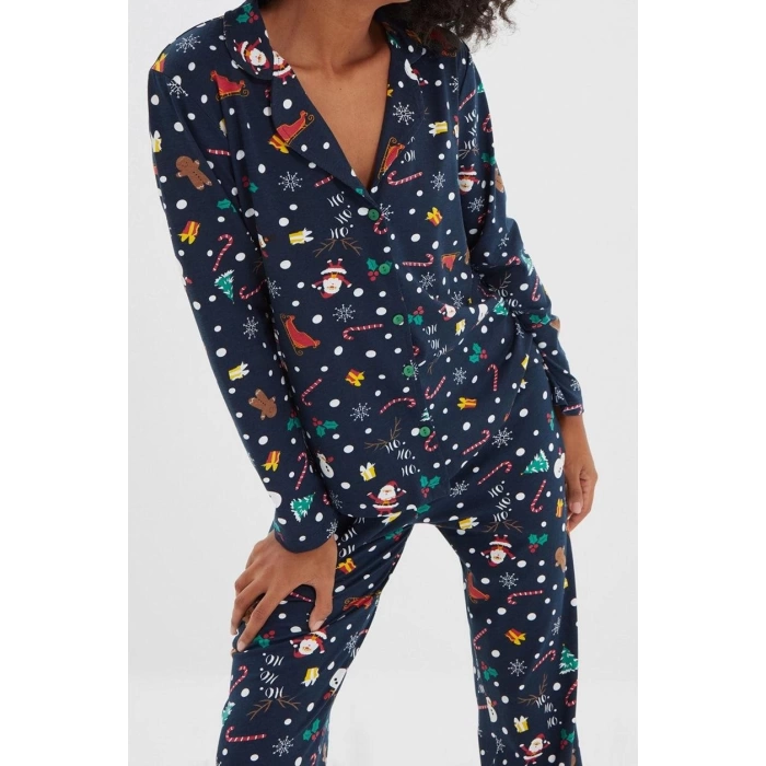 Tarz Rahat Uzun Kollu Boru Paça %100 Pamuklu Yılbaşı Temalı Örme Pijama Takımı