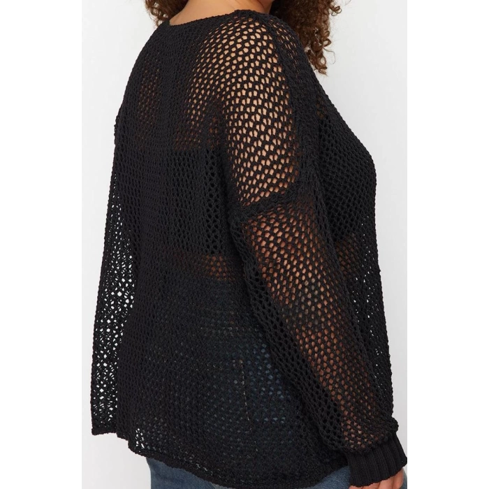 Plus Size Women Modern Style Comfortable Long Crew Neck Openwork Sleeve Regular Knitwear Sweater