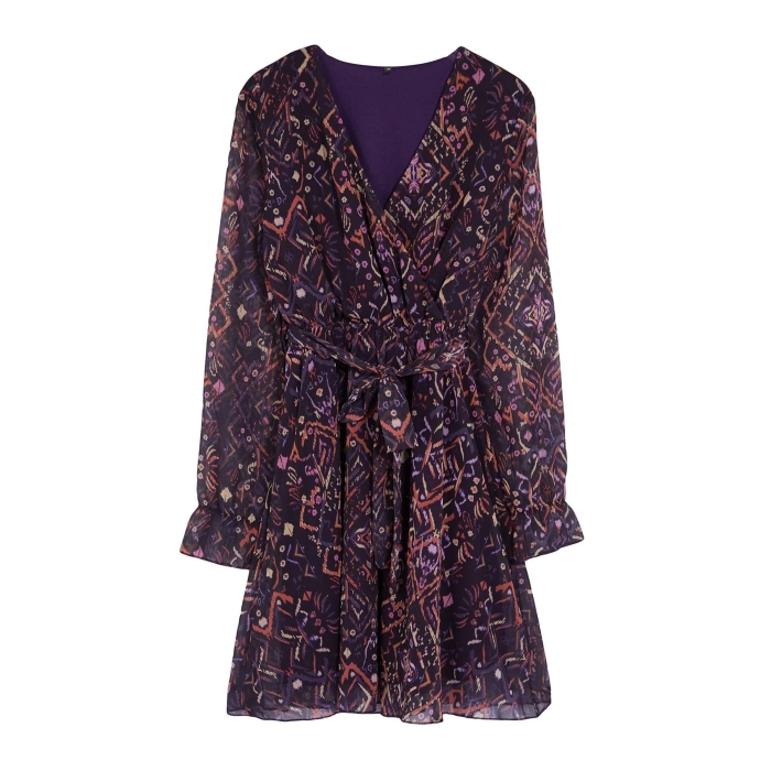 Fashion Style Regular Double Breasted Mini Length Floral Patterned Belted Lined Chiffon Woven Dress