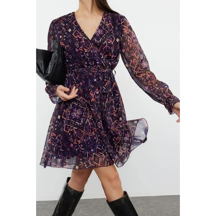 Fashion Style Regular Double Breasted Mini Length Floral Patterned Belted Lined Chiffon Woven Dress