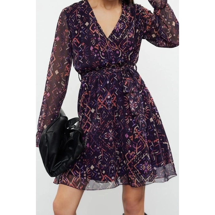 Fashion Style Regular Double Breasted Mini Length Floral Patterned Belted Lined Chiffon Woven Dress
