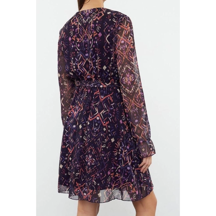 Fashion Style Regular Double Breasted Mini Length Floral Patterned Belted Lined Chiffon Woven Dress
