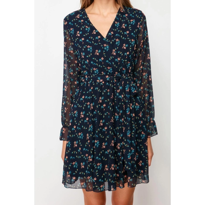 Fashion Style Regular Double Breasted Mini Length Floral Patterned Belted Lined Chiffon Woven Dress