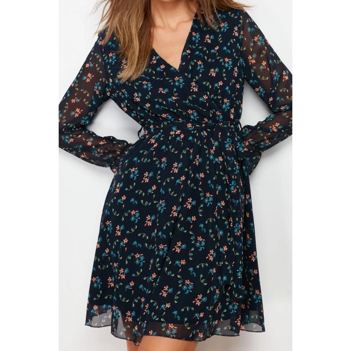 Fashion Style Regular Double Breasted Mini Length Floral Patterned Belted Lined Chiffon Woven Dress