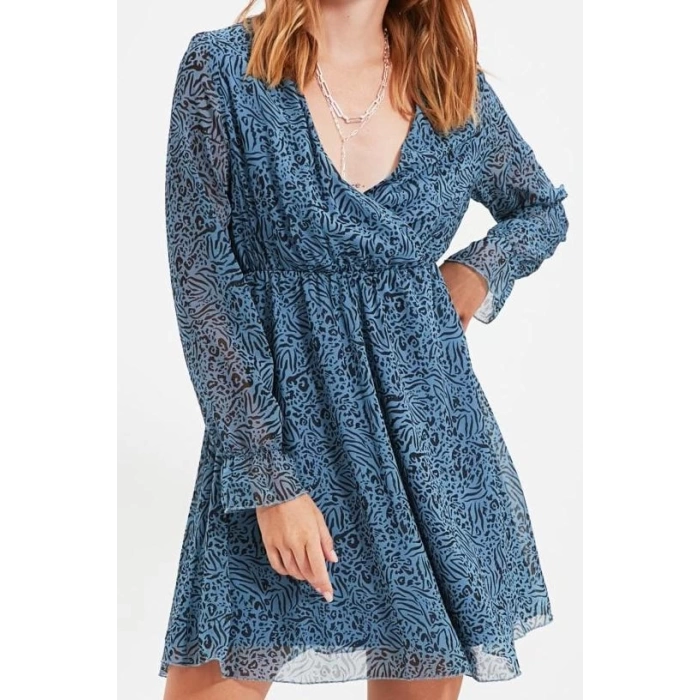 Fashion Style Regular Double Breasted Mini Length Floral Patterned Belted Lined Chiffon Woven Dress