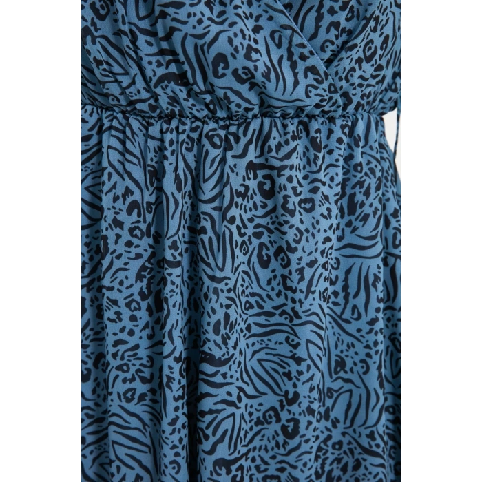 Fashion Style Regular Double Breasted Mini Length Floral Patterned Belted Lined Chiffon Woven Dress
