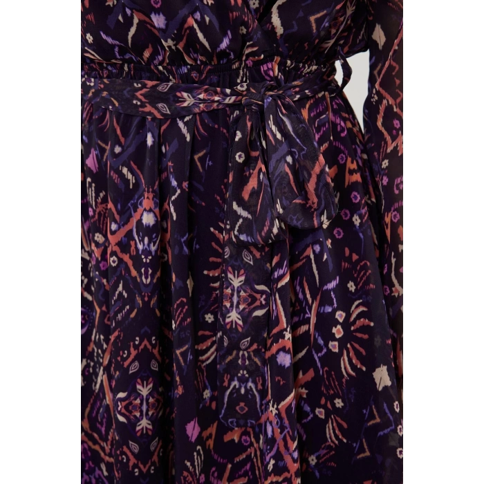 Fashion Style Regular Double Breasted Mini Length Floral Patterned Belted Lined Chiffon Woven Dress