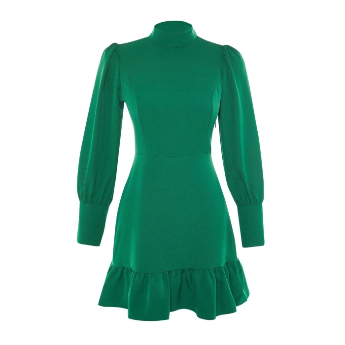 Fashion Style Regular Stand Collar Mini Length A Cut Skirt Gathered Woven Dress