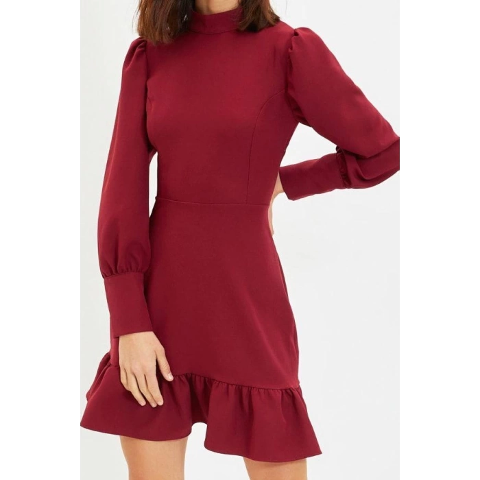 Fashion Style Regular Stand Collar Mini Length A Cut Skirt Gathered Woven Dress